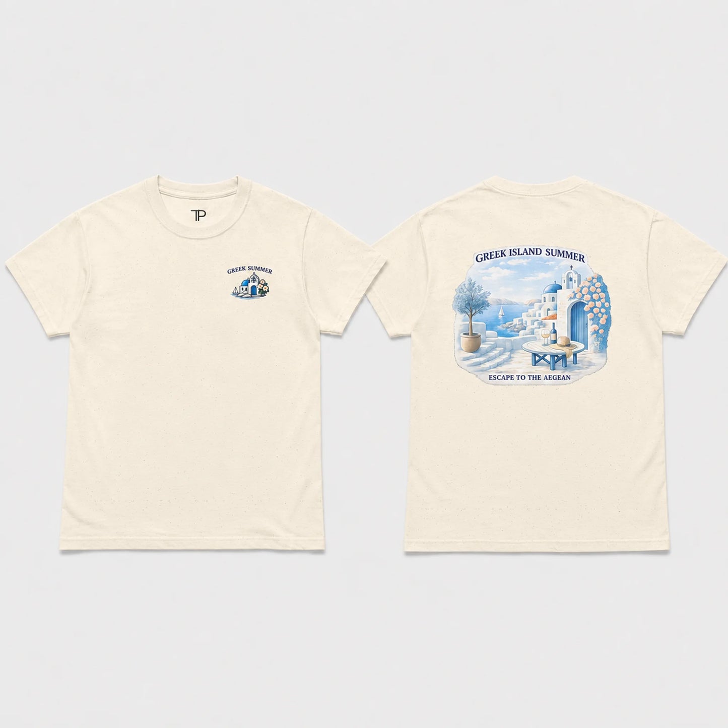 Front and back views of an off-white short-sleeve t-shirt. The front features a small blue graphic on the left chest with the text 'GREEK ISLAND RUBBER' and a small logo.