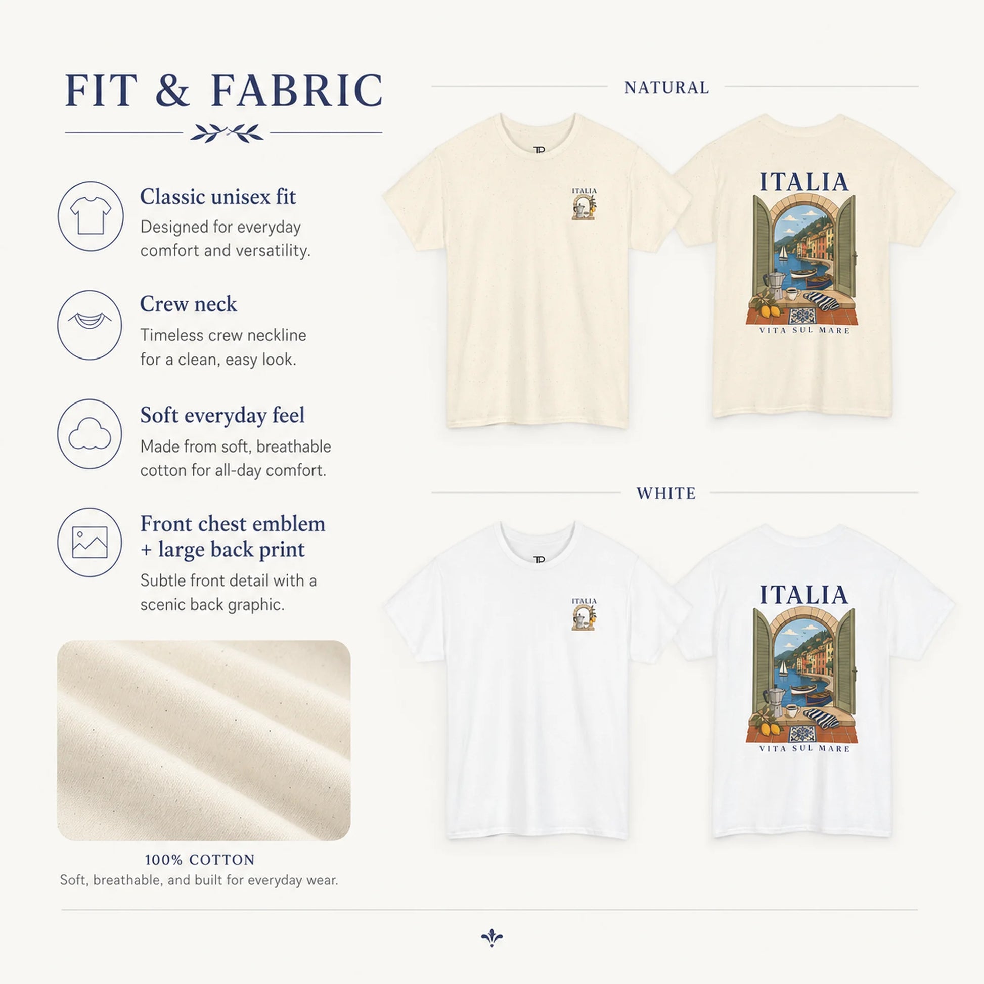 A product information graphic for a crew-neck T-shirt showing fit and fabric details for both natural and white options. The left side includes text describing the classic unisex fit, crew neck, soft cotton fabric, and front chest emblem, plus a fabric swatch.