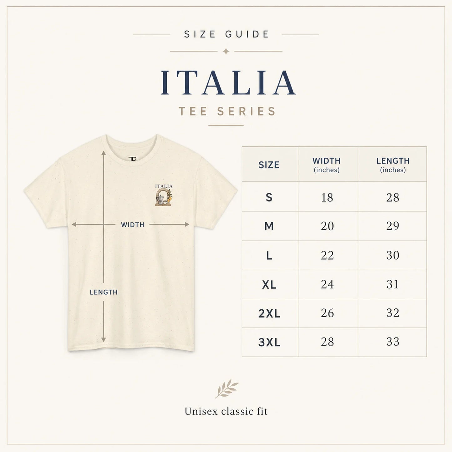 Size guide graphic for the Italia Tee Series showing a cream-colored short-sleeve t-shirt with measurement arrows indicating width and length, alongside a size table from S to 3XL with width and length measurements in inches.