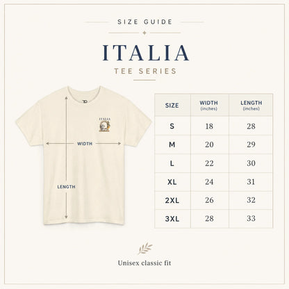 Size guide graphic for the Italia Tee Series showing a cream-colored short-sleeve t-shirt with measurement arrows indicating width and length, alongside a size table from S to 3XL with width and length measurements in inches.