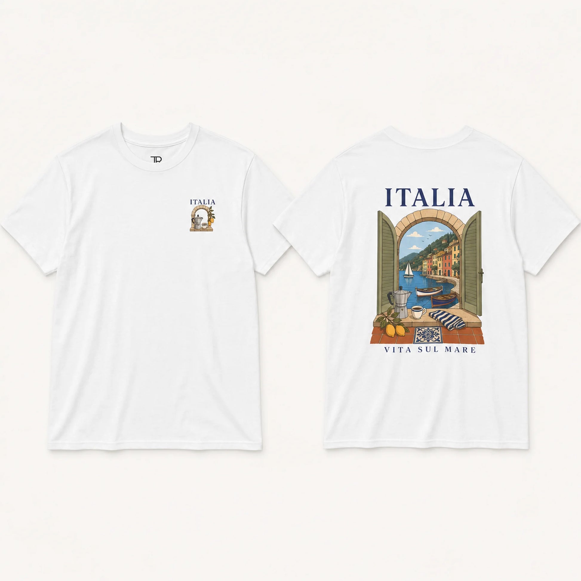 A white short-sleeve t-shirt shown from both the front and back against a light cream background. The front features a small chest graphic with the word 'ITALIA' and a crest.