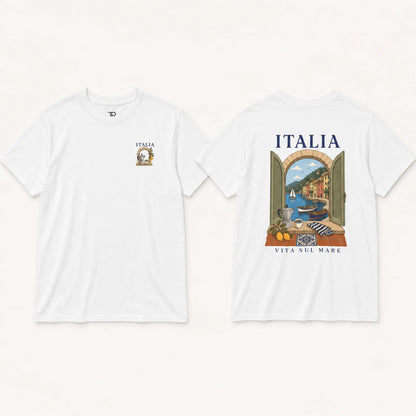 A white short-sleeve t-shirt shown from both the front and back against a light cream background. The front features a small chest graphic with the word 'ITALIA' and a crest.