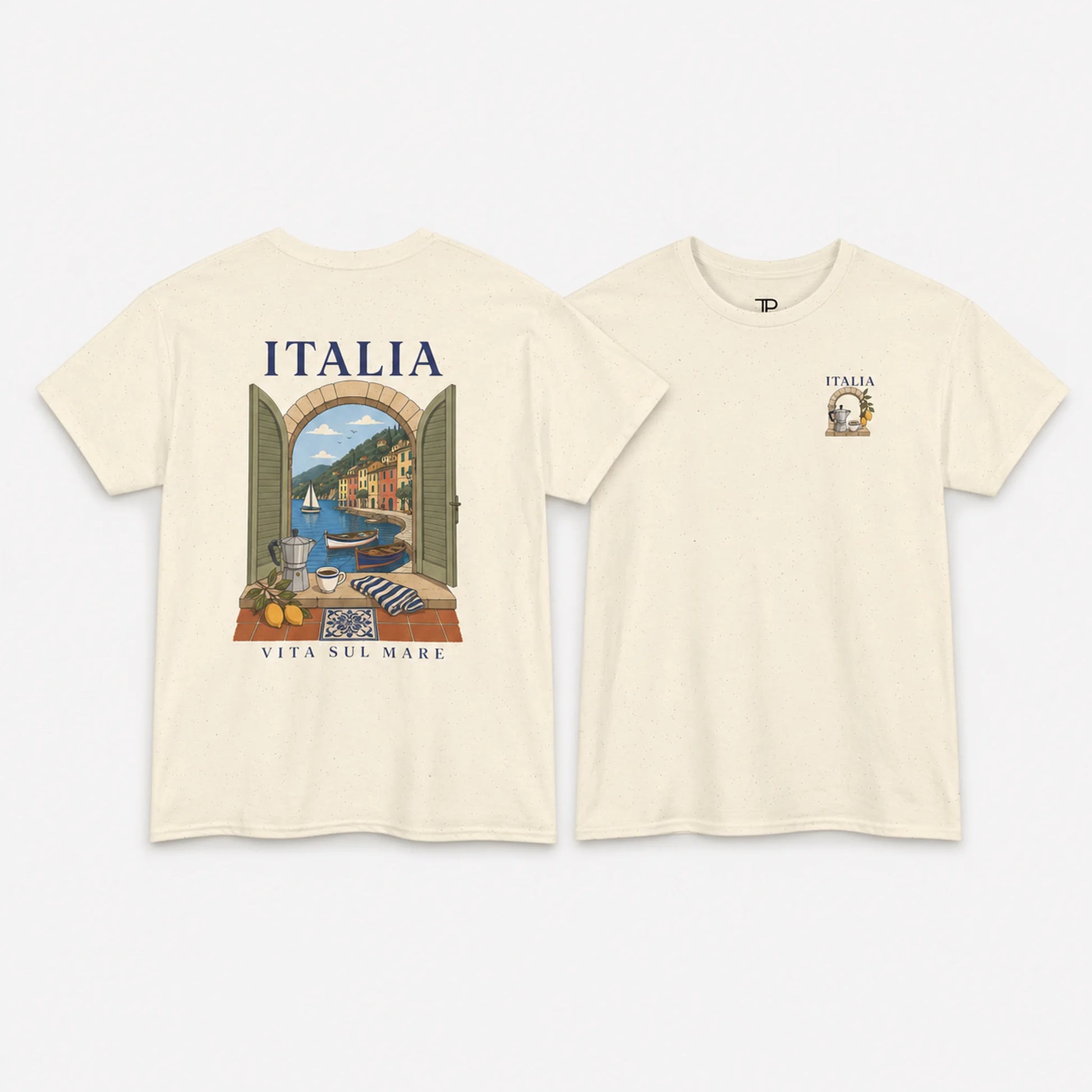 Two cream-colored t-shirts shown against a light gray background, displaying the front and back views. The back of the shirt features a large graphic print of an Italian coastal scene with the text 'ITALIA' and 'VITA SUL MARE'.