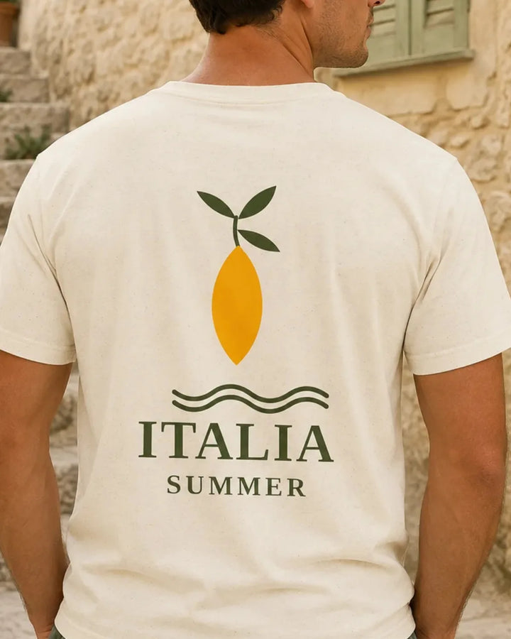 Back view of Italia Summer T-shirt with lemon, Mediterranean waves and Italia Summer typography