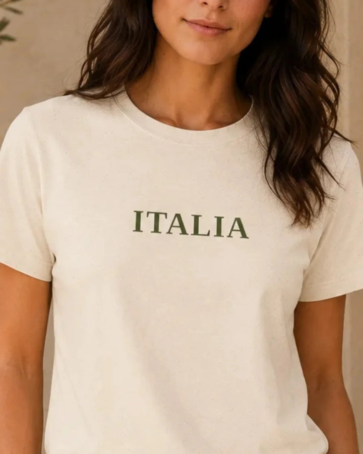 Natural Italia Essential unisex T-shirt with centered muted olive ITALIA wordmark.