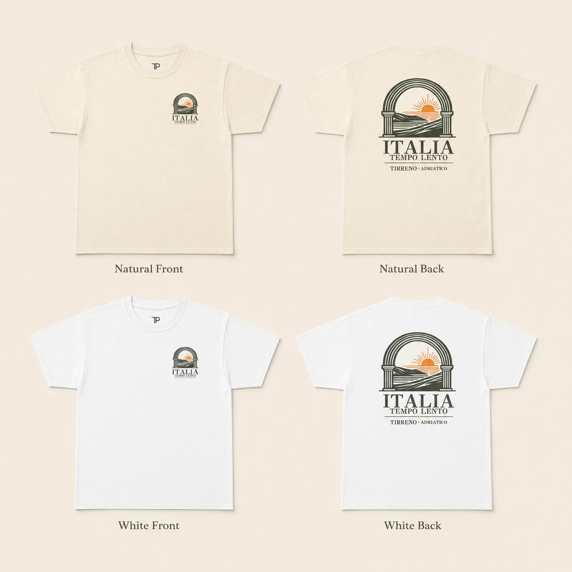 Four views of a short-sleeve T-shirt shown on a light beige background: two natural/cream shirts and two white shirts, each labeled Natural Front/Back and White Front/Back. Each shirt shows a small chest logo and a larger back graphic with the text ITALIA, TEMPOR LEVI, and TORINO - ALCANZO.