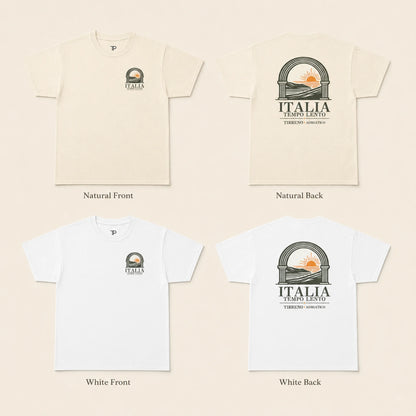 Four views of a short-sleeve T-shirt shown on a light beige background: two natural/cream shirts and two white shirts, each labeled Natural Front/Back and White Front/Back. Each shirt shows a small chest logo and a larger back graphic with the text ITALIA, TEMPOR LEVI, and TORINO - ALCANZO.