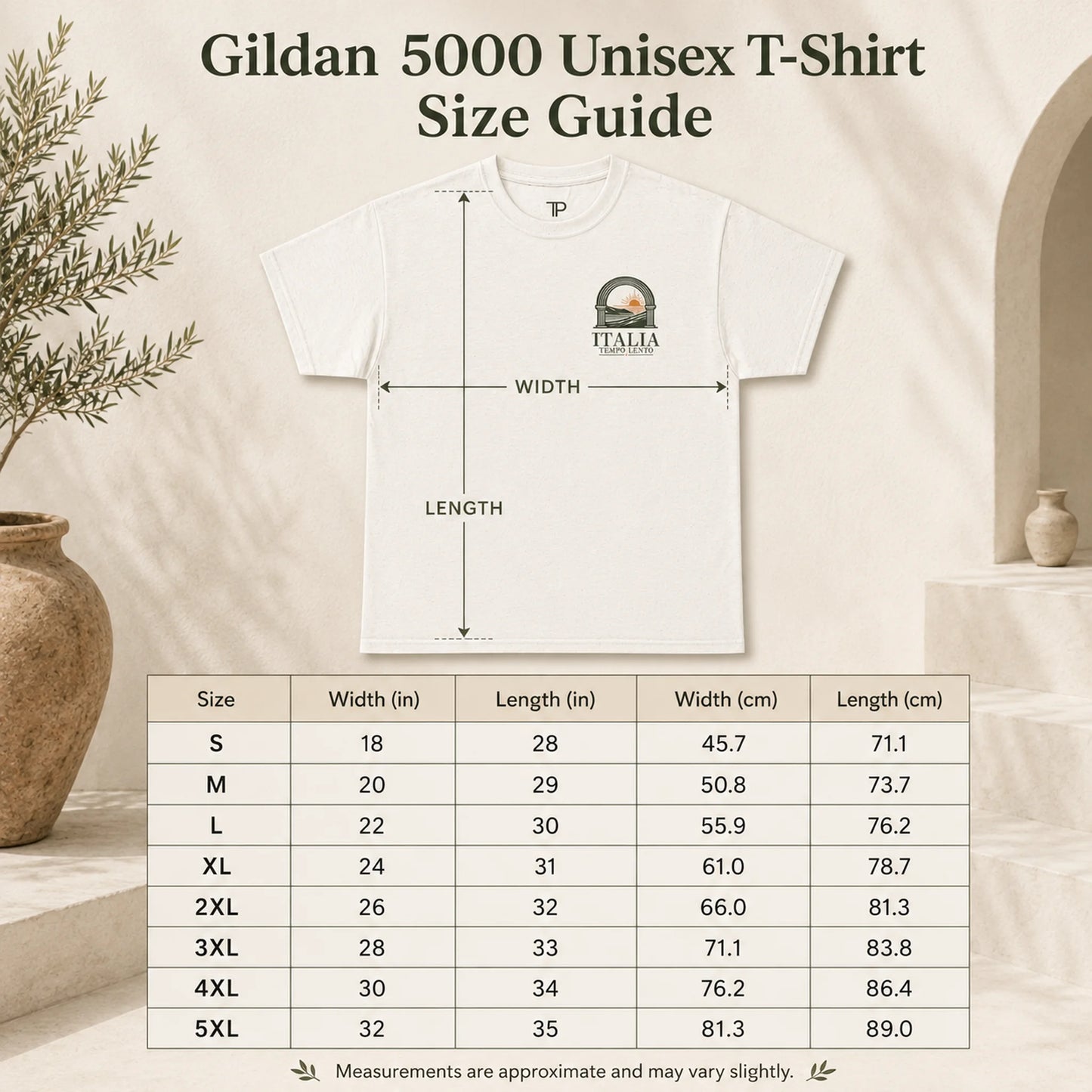 A size guide graphic for a Gildan 5000 unisex T-shirt, showing a white T-shirt with measurement arrows for width and length, plus a size conversion table below on a warm beige background with decorative plant and vase props.