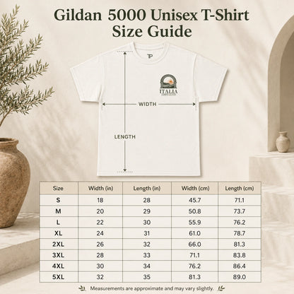 A size guide graphic for a Gildan 5000 unisex T-shirt, showing a white T-shirt with measurement arrows for width and length, plus a size conversion table below on a warm beige background with decorative plant and vase props.