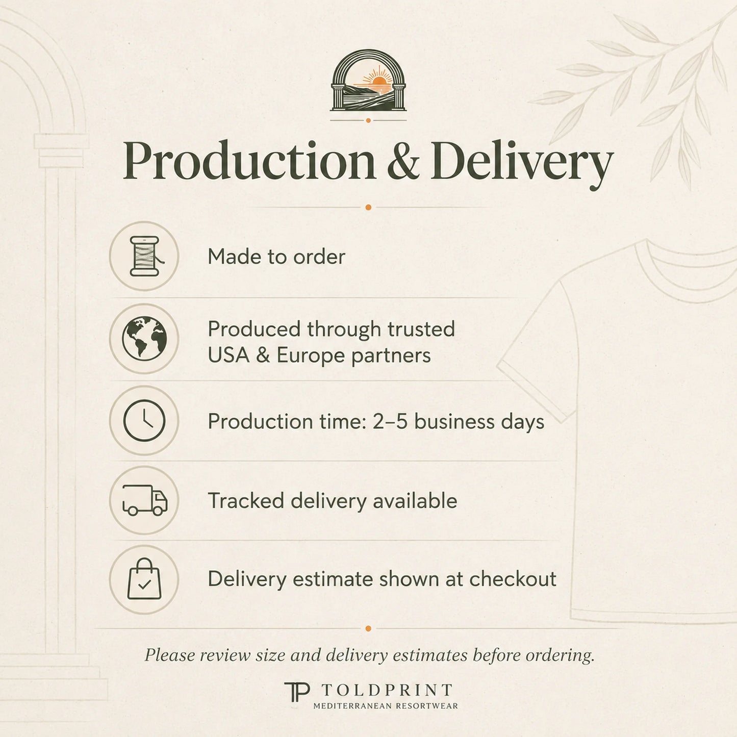 An informational graphic titled 'Production & Delivery' on a light cream background, listing key shipping and production details such as 'Made to order,' 'Produced through trusted USA & Europe partners,' 'Production time: 2-5 business days,' 'Tracked delivery available,' and 'Delivery estimate shown at checkout.' A faint t-shirt outline and decorative botanical elements frame the text, with the Toldprint logo at the bottom.