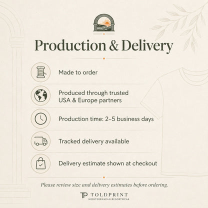An informational graphic titled 'Production & Delivery' on a light cream background, listing key shipping and production details such as 'Made to order,' 'Produced through trusted USA & Europe partners,' 'Production time: 2-5 business days,' 'Tracked delivery available,' and 'Delivery estimate shown at checkout.' A faint t-shirt outline and decorative botanical elements frame the text, with the Toldprint logo at the bottom.