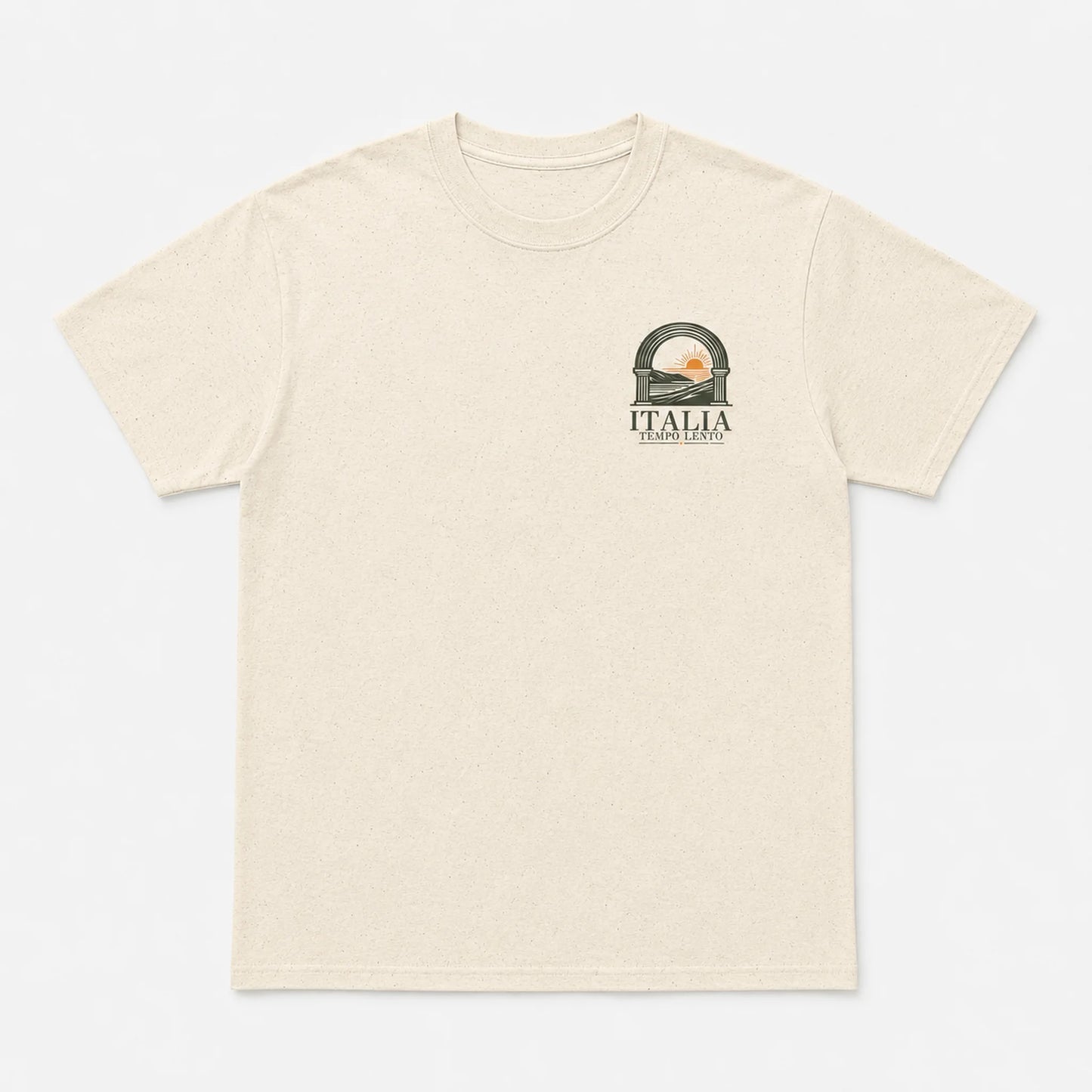 A light beige heathered short-sleeve t-shirt with a small graphic on the left chest depicting a scenic archway with a sunset and the text 'ITALIA'.