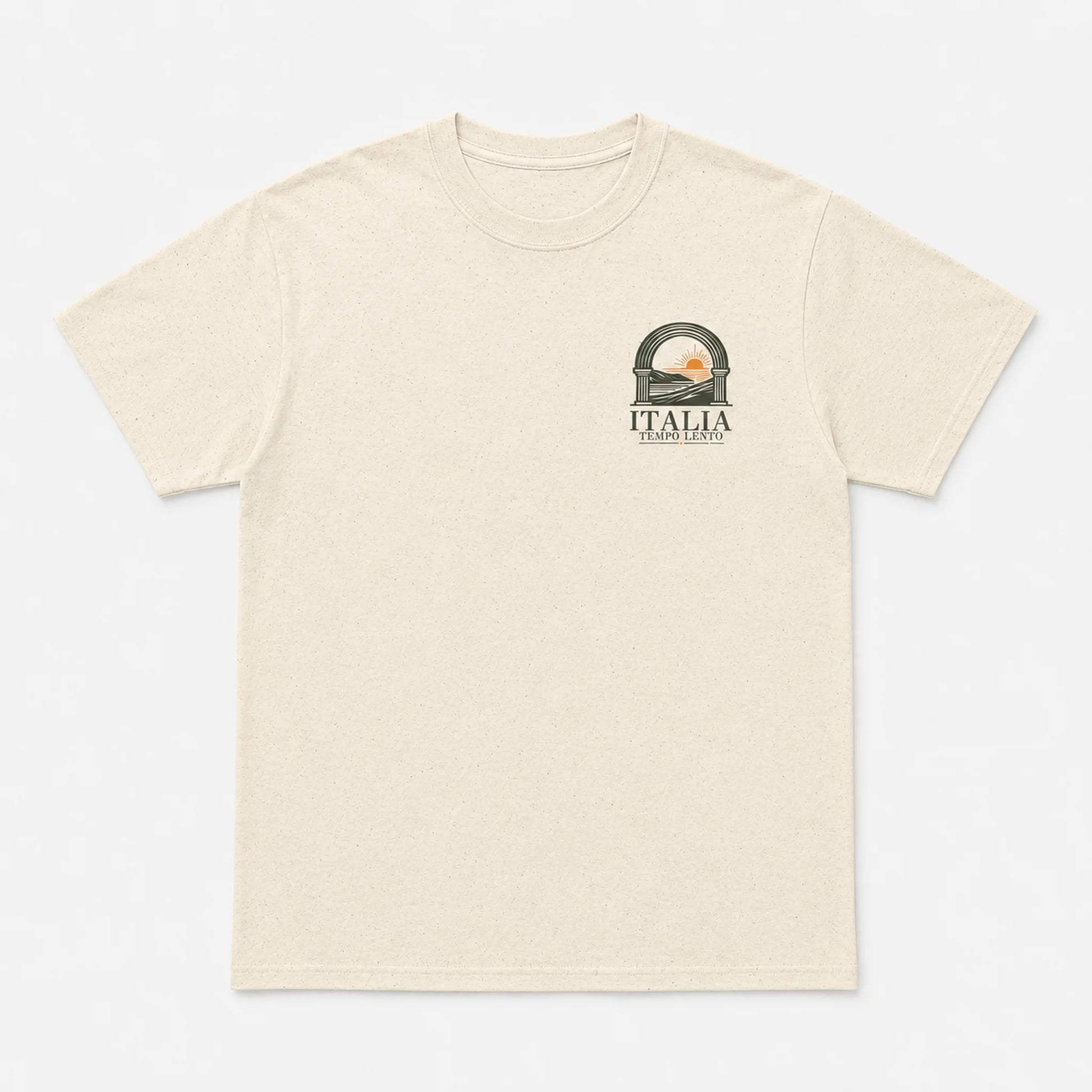 A light beige heathered short-sleeve t-shirt with a small graphic on the left chest depicting a scenic archway with a sunset and the text 'ITALIA'.