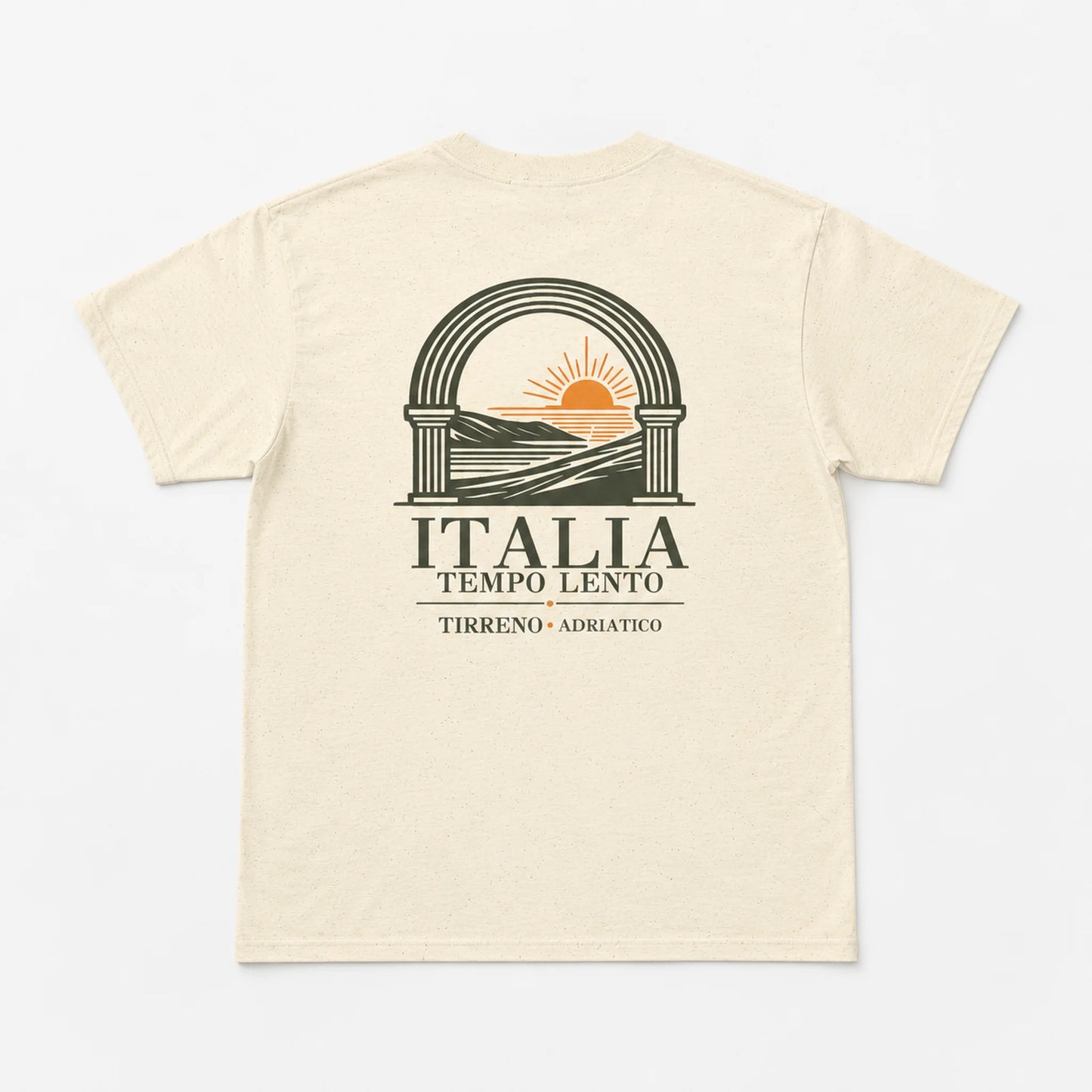A cream-colored short-sleeve t-shirt with a graphic print on the back. The graphic features a dark olive green archway with a yellow-orange rising sun over hills, above the text 'ITALIA TEMPO LENTO' and 'TIRRENO - ADRIatico'.