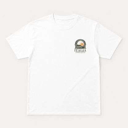 A white short-sleeve t-shirt with a small graphic on the left chest depicting a scenic archway with a sunset and the text 'ITALIA'.