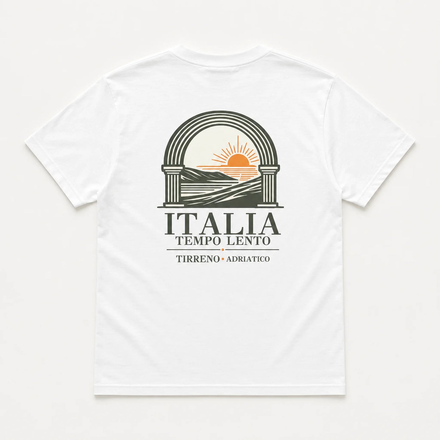 A white short-sleeve t-shirt laid flat against a light off-white background, featuring a graphic print on the front with an arch, a rising sun, and the text 'ITALIA TEMPO LENTO' and 'TIRRENO - ADRIATICO'.
