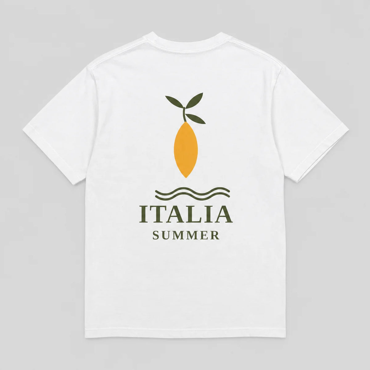 A white short-sleeve t-shirt shown from the back, featuring a graphic print of a yellow lemon with green leaves, wavy lines, and the text 'ITALIA SUMMER' in dark green.