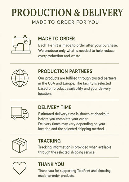 An informational graphic with the heading 'PRODUCTION & DELIVERY' on a light beige background, listing six points about custom T-shirts made to order, production partners, delivery time, tracking, and a thank you. Small line icons accompany each section.