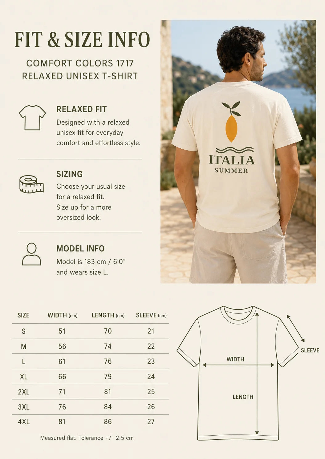 A size and fit information graphic for a relaxed unisex T-shirt. The left side contains marketing text about the comfort fit, sizing, and model info, plus a measurement table and a t-shirt silhouette diagram.