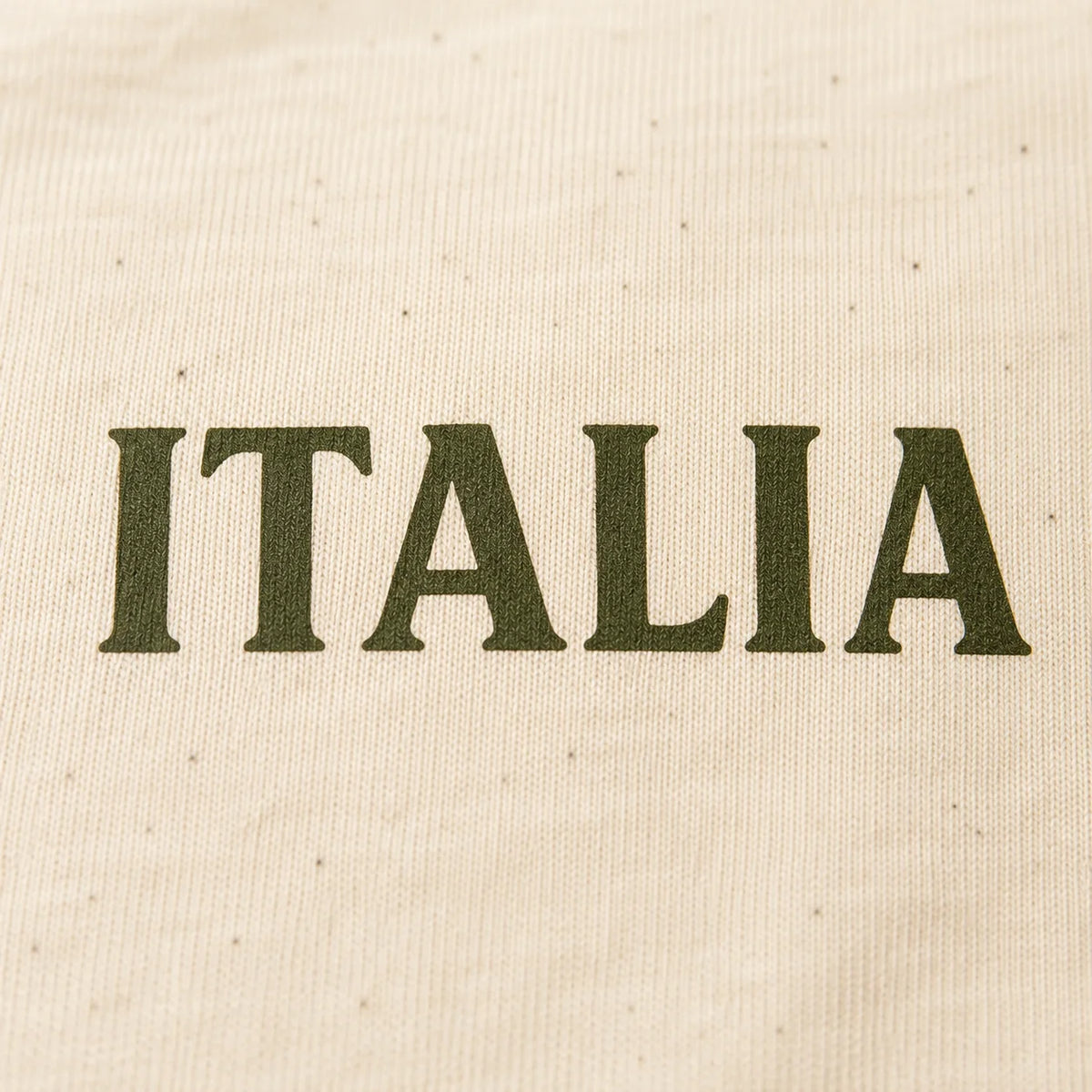 Close-up of a cream-colored woven fabric with the word 'ITALIA' printed across the center in dark olive green serif letters.