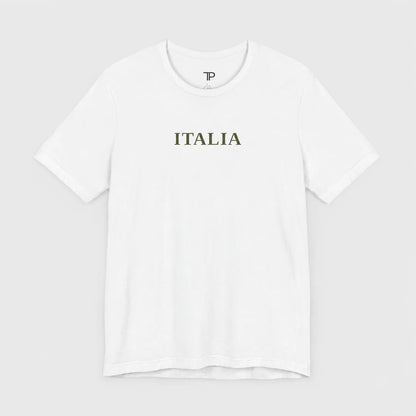 A white short-sleeve crewneck t-shirt with the word 'ITALIA' printed in olive green serif letters across the chest, displayed on a light gray background.