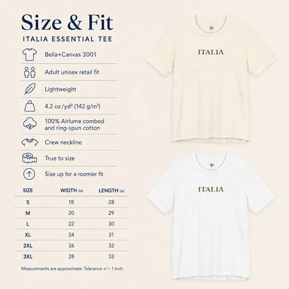 Size and fit information for the Italia Essential Tee, showing two views of a cream and white crewneck t-shirt with 'ITALIA' printed on the chest, alongside a detailed sizing table from S to 3XL.