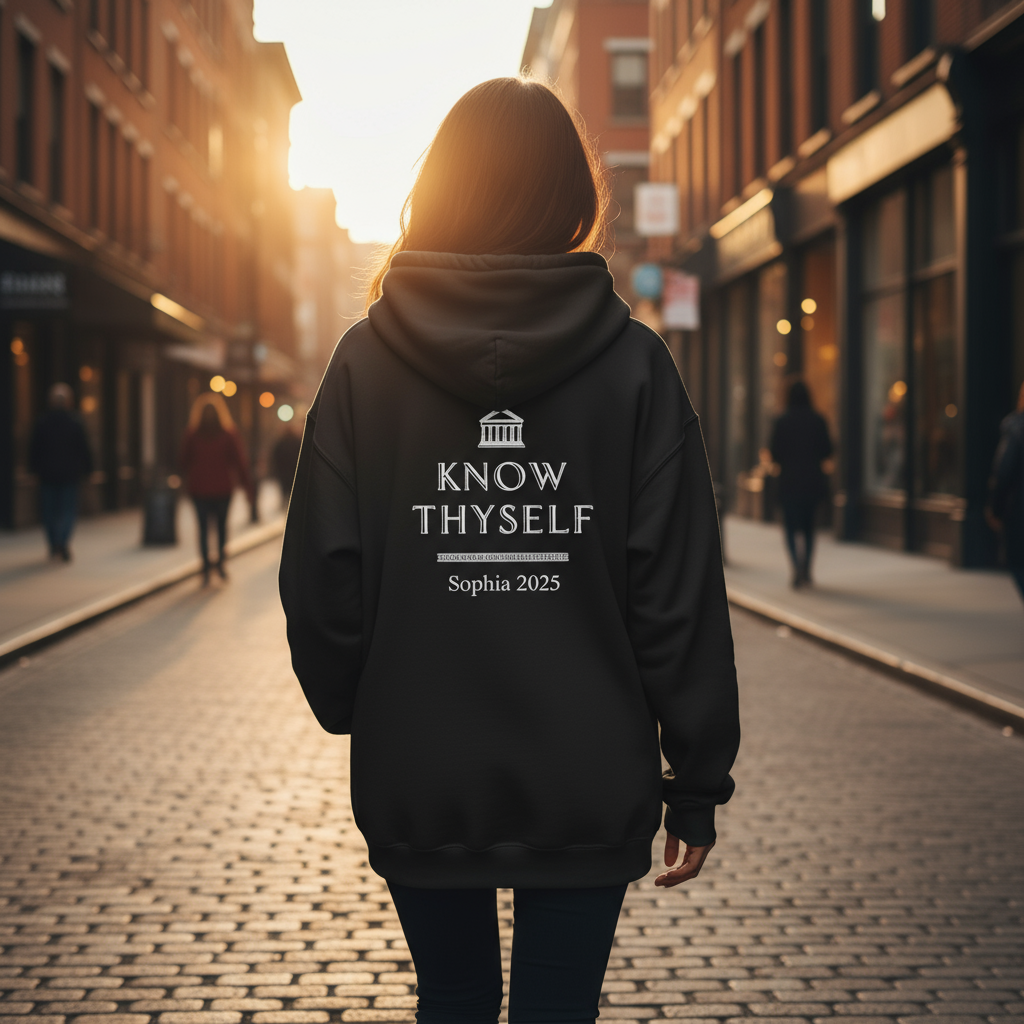 Person wearing a black hoodie with 'Know Thyself Sophia 2025' text on a city street.