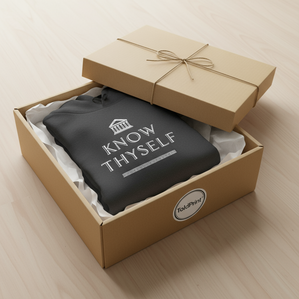 Gift box with 'KNOW THYSELF' hoodie on a light wooden surface