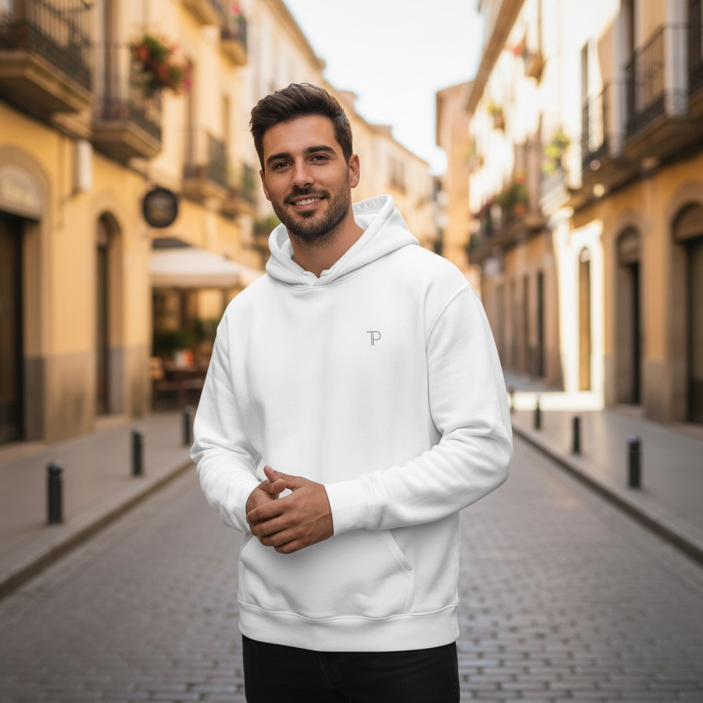 Man wearing a white hoodie with a logo on a sunlit street.