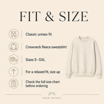 A size guide graphic for a sweatshirt titled 'FIT & SIZE' on a warm beige background. It lists product details including classic unisex fit, crewneck fleece sweatshirt, sizes S-5XL, relaxed fit, and a note to check the full size chart, alongside a small product photo of an off-white crewneck sweatshirt.