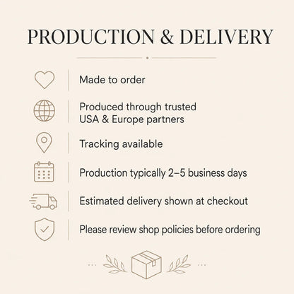 An informational graphic titled 'PRODUCTION & DELIVERY' on a warm beige background, listing key shipping and production details with simple line icons: made to order, trusted USA & Europe partners, tracking available, 2-5 business days production, estimated delivery at checkout, and a note to review shop policies before ordering.