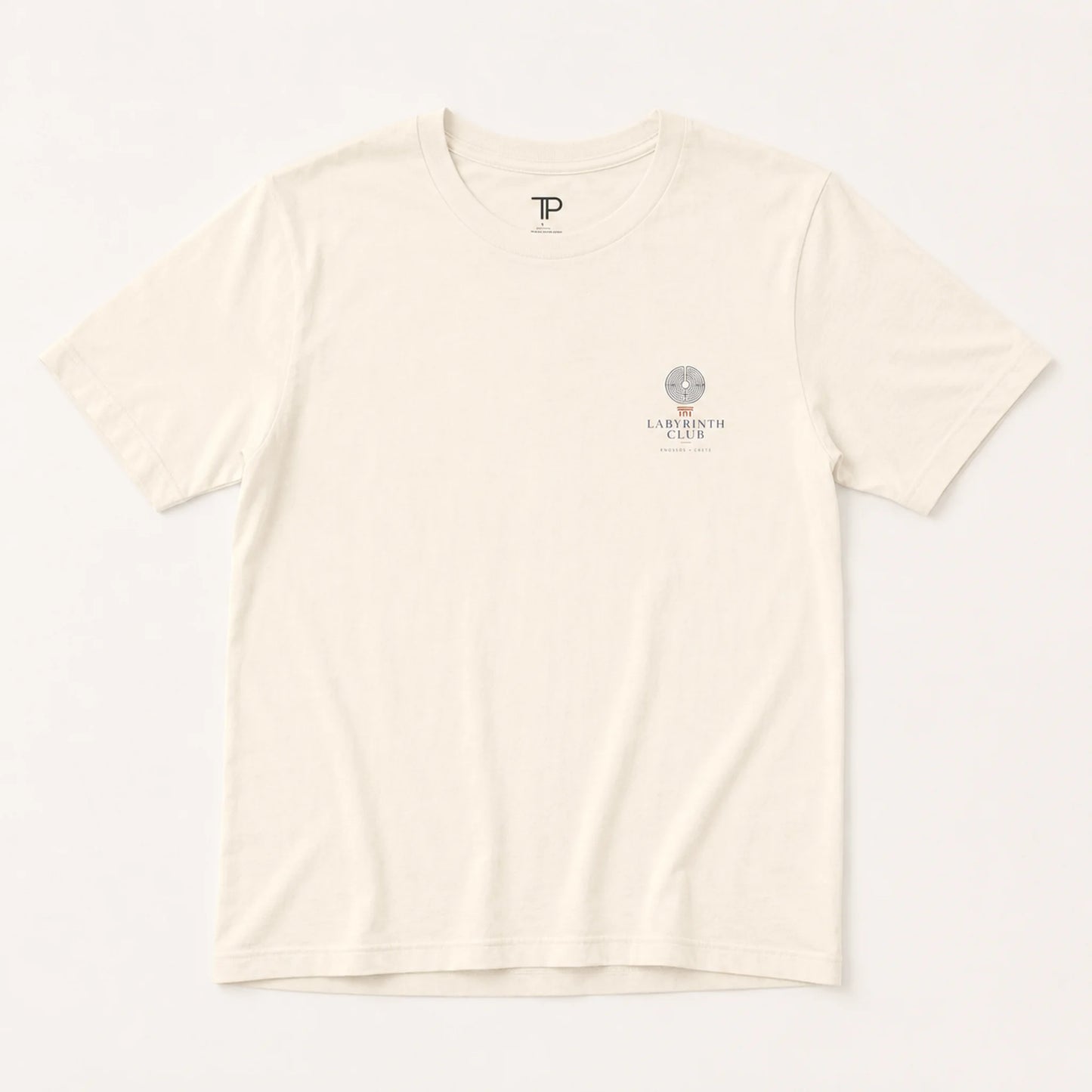 Beige t-shirt with a logo on the chest against a white background