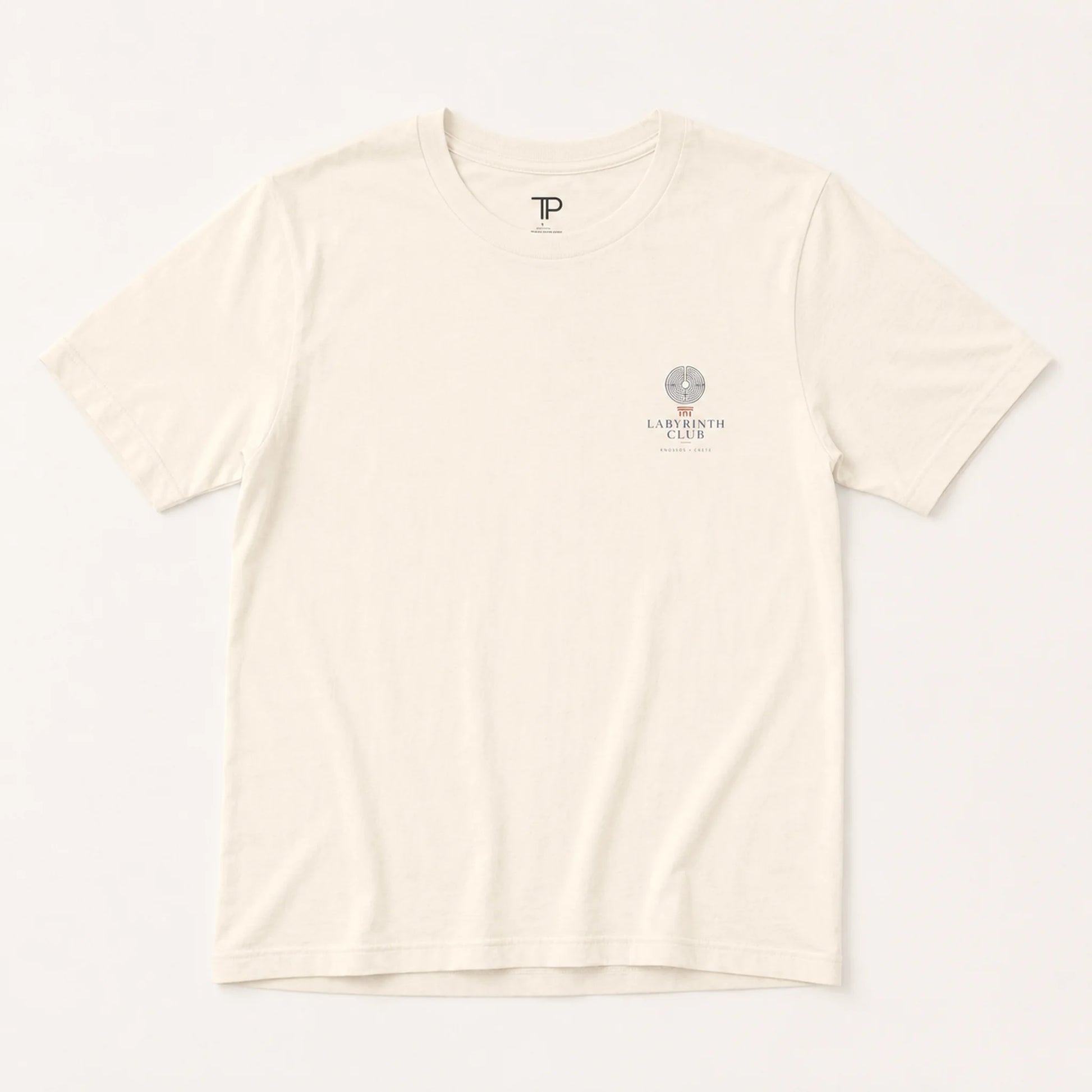 Beige t-shirt with a logo on the chest against a white background