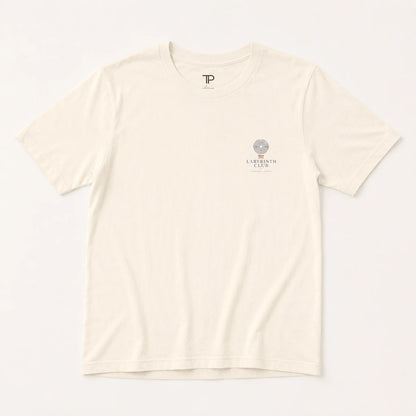 Beige t-shirt with a logo on the chest against a white background