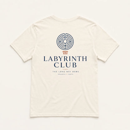 White t-shirt with 'Labyrinth Club' logo on a white background