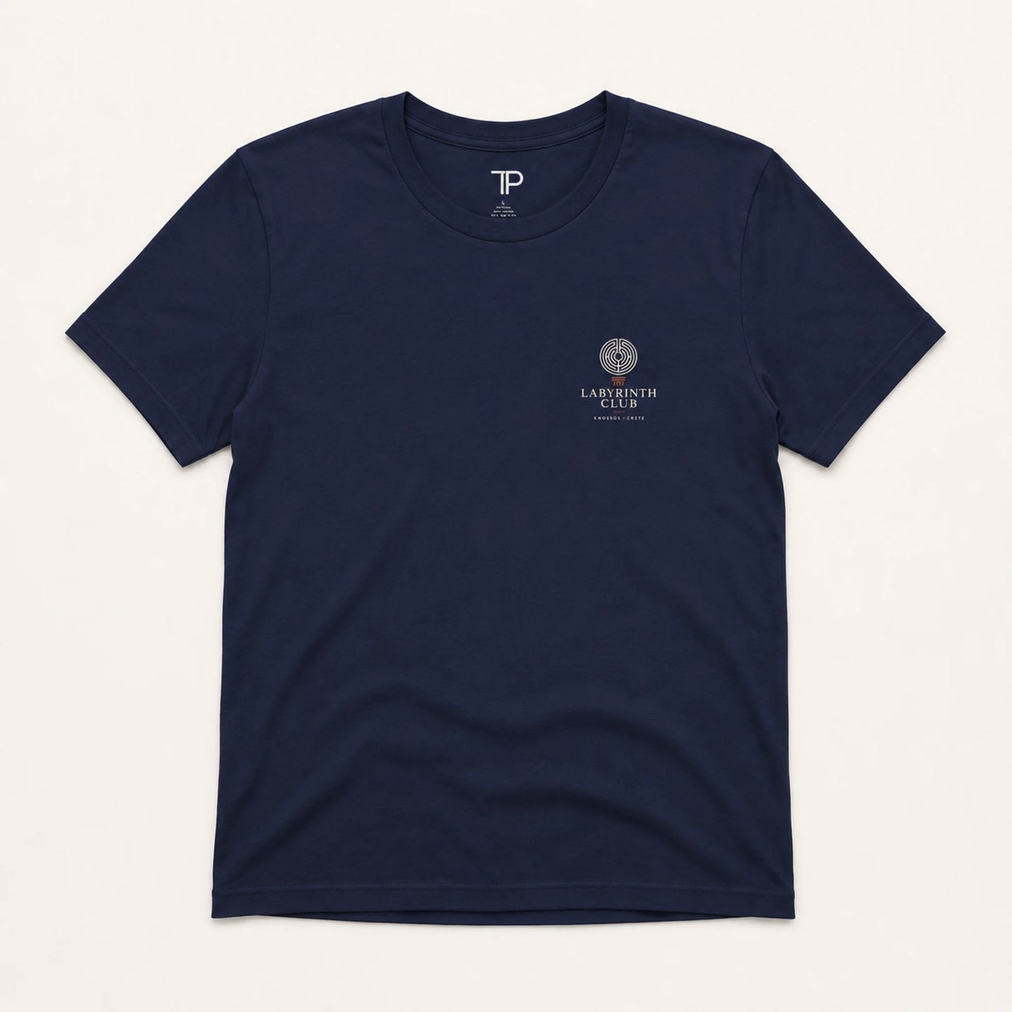 Navy blue t-shirt with a logo on a white background