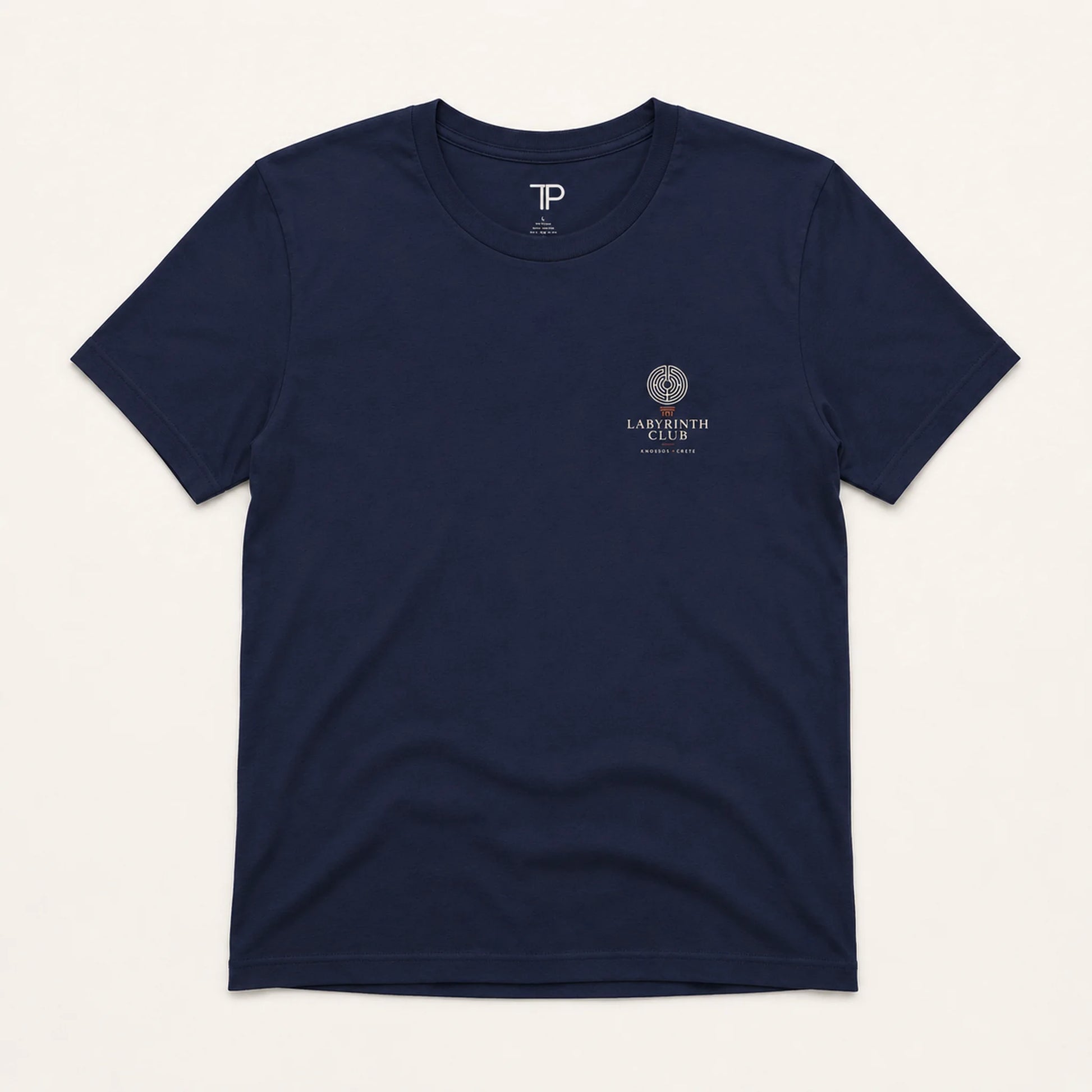 Navy blue t-shirt with a logo on a white background