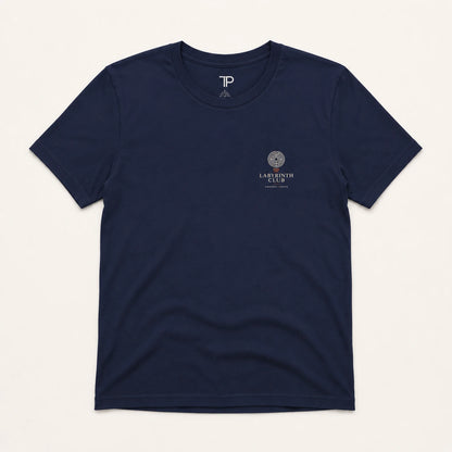Navy blue t-shirt with a logo on a white background