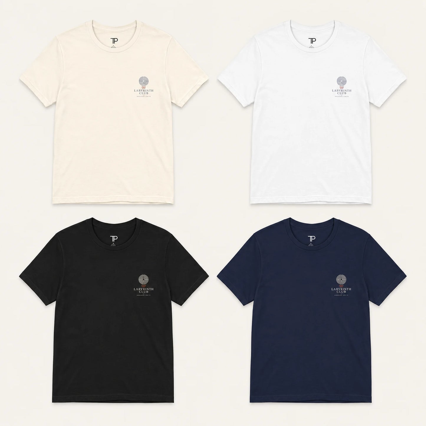Four t-shirts in beige, white, black, and navy with a logo on a white background
