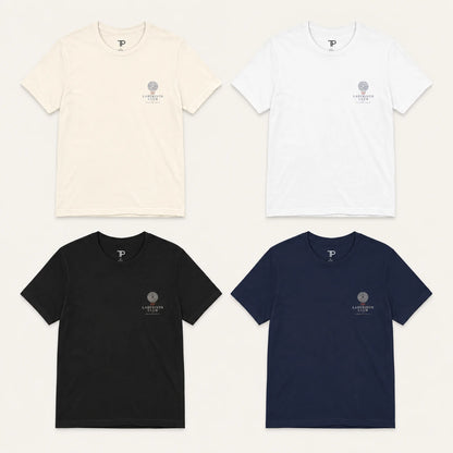 Four t-shirts in beige, white, black, and navy with a logo on a white background