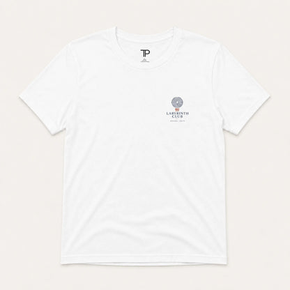 White t-shirt with logos on a light beige background