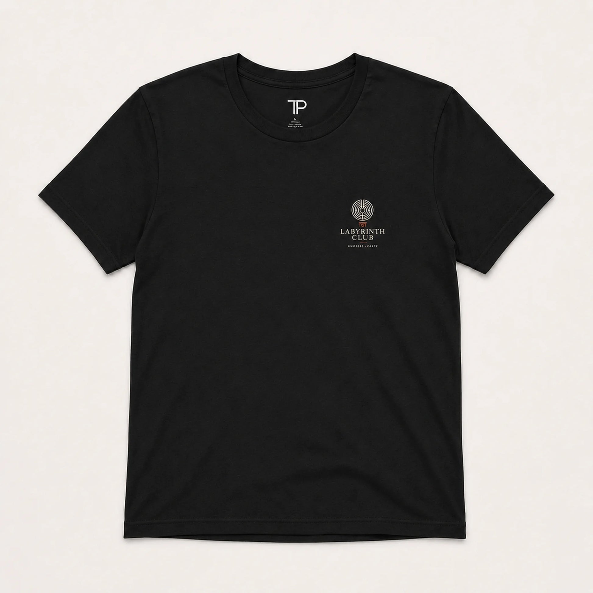 Black t-shirt with a logo on the chest against a white background