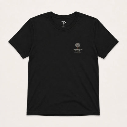 Black t-shirt with a logo on the chest against a white background