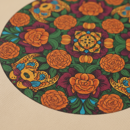 Colorful patterned mat with floral and skull designs on a beige background