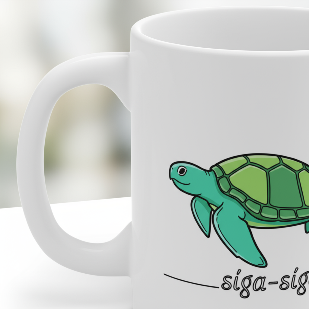 White mug with a green turtle design and 'siga-siga' text on a blurred background