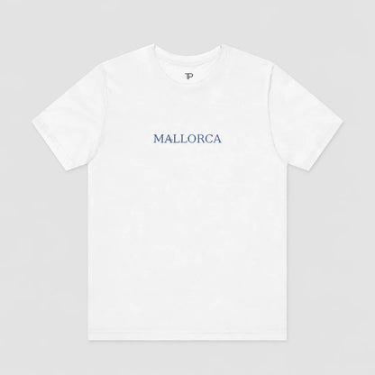 A white short-sleeve crewneck t-shirt with 'MALLORCA' printed in blue across the chest, displayed flat against a light gray background.