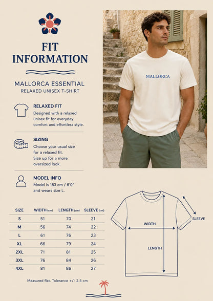A fit and sizing guide for the Mallorca Essential relaxed unisex t-shirt. The left side features product information, sizing tables from S to 4XL, and a schematic diagram showing how to measure width and length on the shirt.