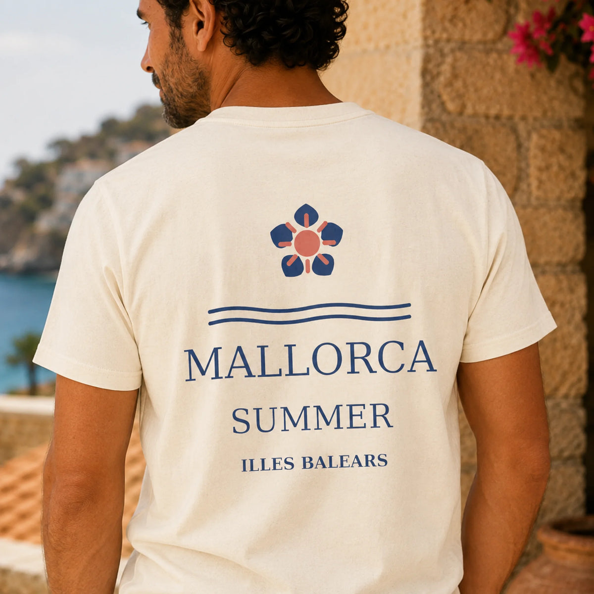 TP HERO: A man wearing a cream-colored t-shirt with a blue and pink graphic on the back that reads 'MALLORCA SUMMER ILLES BALEARS', photographed outdoors against a stone wall and sea background.