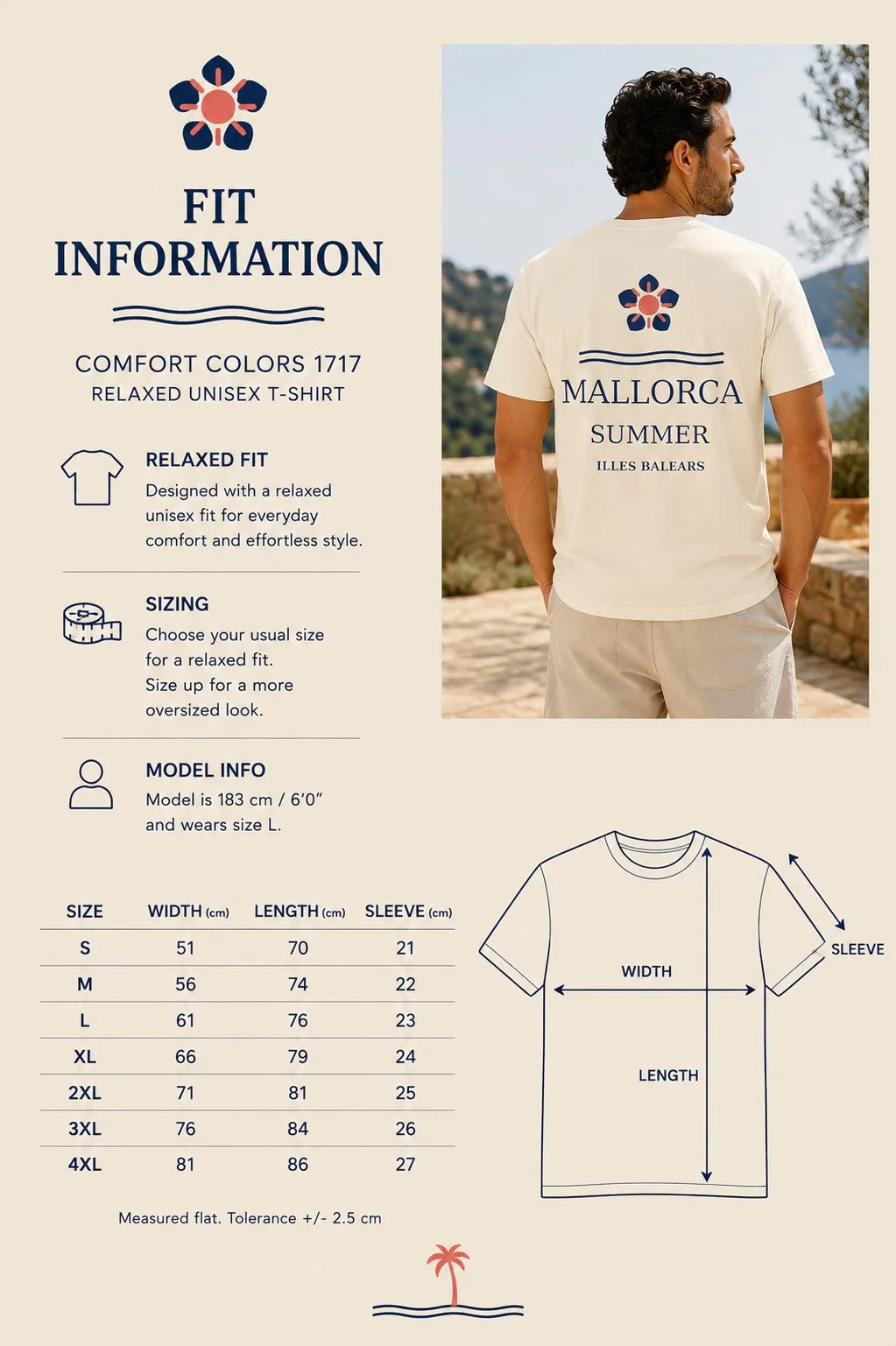 A fit and sizing infographic for the Mallorca Summer Comfort Colors 1717 relaxed unisex t-shirt. The left side features text detailing the fit, sizing options, and a model's measurements.