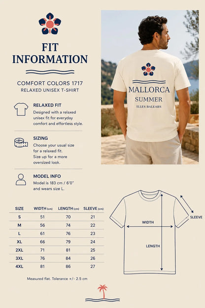 A fit and sizing infographic for the Mallorca Summer Comfort Colors 1717 relaxed unisex t-shirt. The left side features text detailing the fit, sizing options, and a model's measurements.